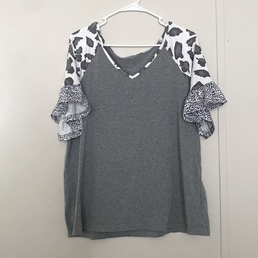 Elegant Gray Women's Blouse with Black Patterned Sleeves